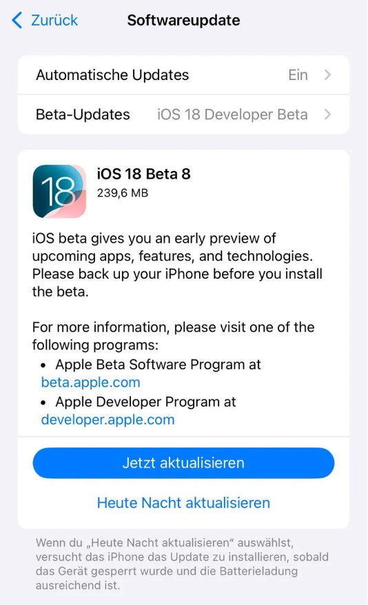 巩义苹果手机维修分享苹果 iOS / iPadOS 18 开发者预览版 Beta 8 发布 